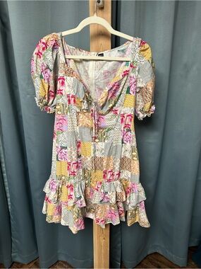 SHEIN Pink, Yellow & Cream Floral Patchwork Puff-Sleeve Mini Dress